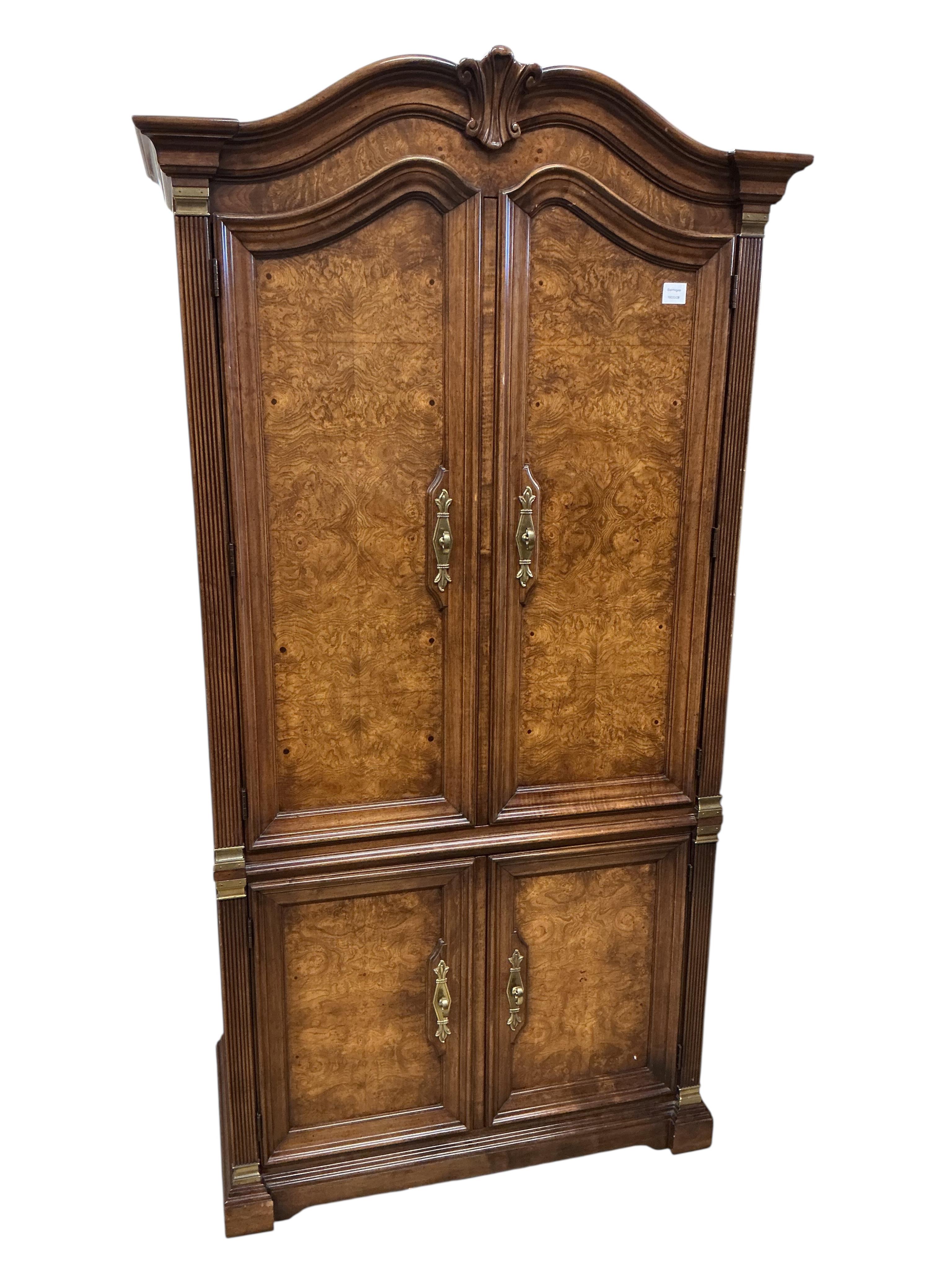 An American reproduction large cedar and burr wood press cupboard, width 100cm, depth 50cm, height 198cm